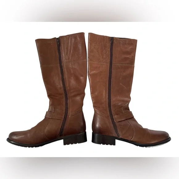 Clarks Brown Leather Riding Boots Harness Strap Mid Calf Women’s 8 Classic - Picture 2 of 14